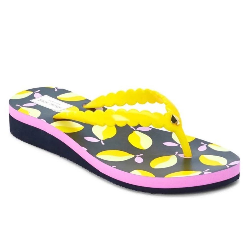 Kate Spade New York Malta Lemon Wedge Flip Flops Navy Yellow K1677 Womens 6B